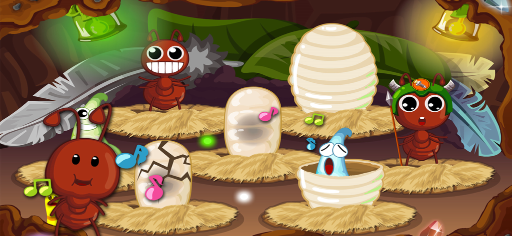 Cartoon ants in an underground nursery with eggs and cocoons