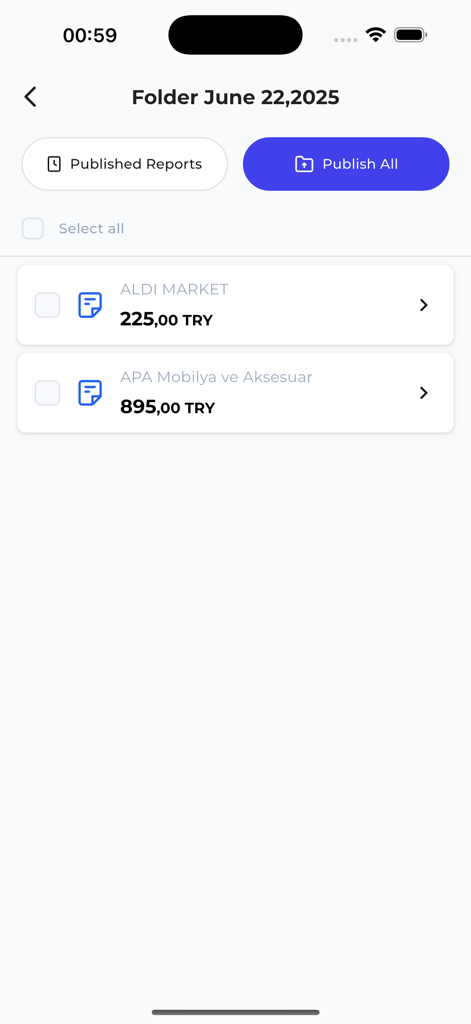 Receipt Scan & Expense Tracker - Ezpense mobile app screen showing a folder of scanned receipts with merchant names and total amounts