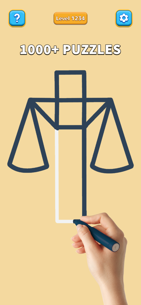 A hand drawing a scale shape with one continuous stroke in the One Line brain puzzle game.