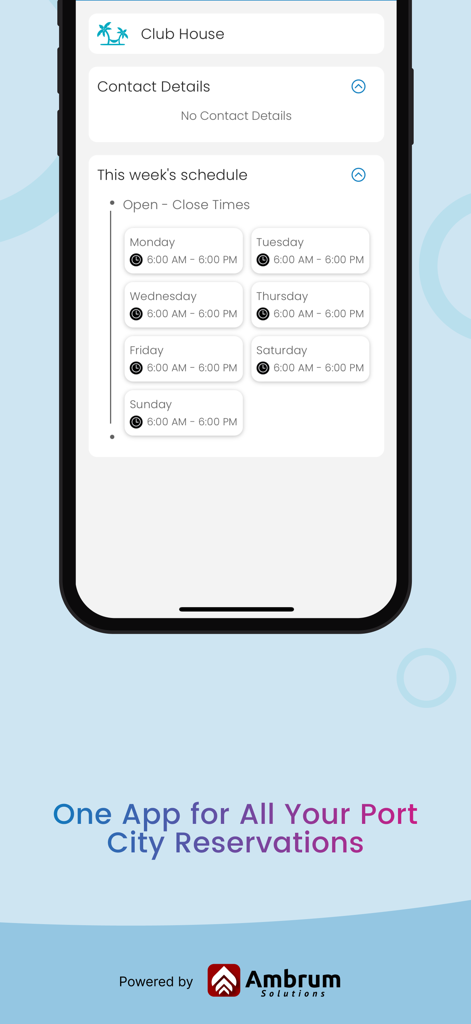Interfaz de la aplicación Port City Colombo que muestra los horarios de apertura y cierre semanales para reservas en el Club House