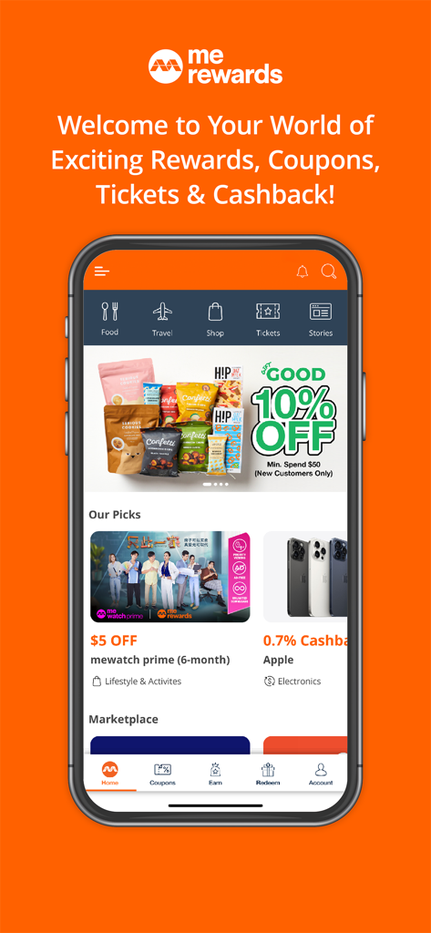 Home screen of the merewards app showing a variety of cashback deals and lifestyle coupons for dining shopping and travel