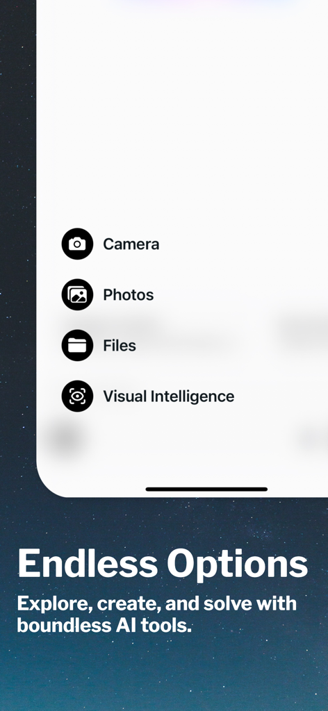 FreedomGPT - Interfaz de la aplicación FreedomGPT que muestra opciones para Cámara, Fotos, Archivos e Inteligencia Visual
