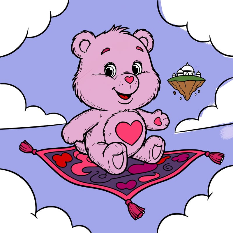 a carebear on a magic carpet