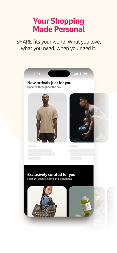 SHARE Rewardsアプリのインターフェース、ファッションとライフスタイルのためのパーソナライズされたショッピングのおすすめを表示
