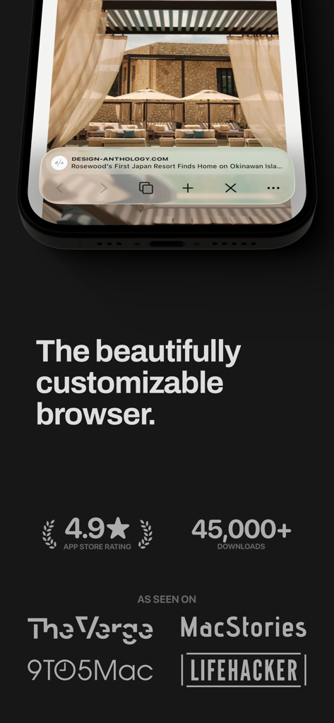 Quiche Browser - A promotional screen for Quiche Browser showing its customizable iPhone interface and top ratings from the tech press