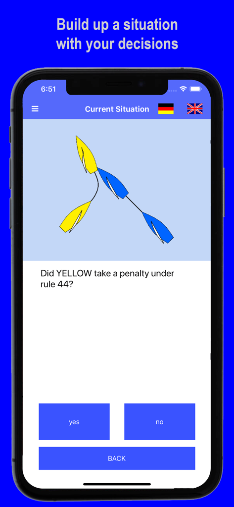 Sailing regatta protest app showing a boat situation diagram and rules decision question