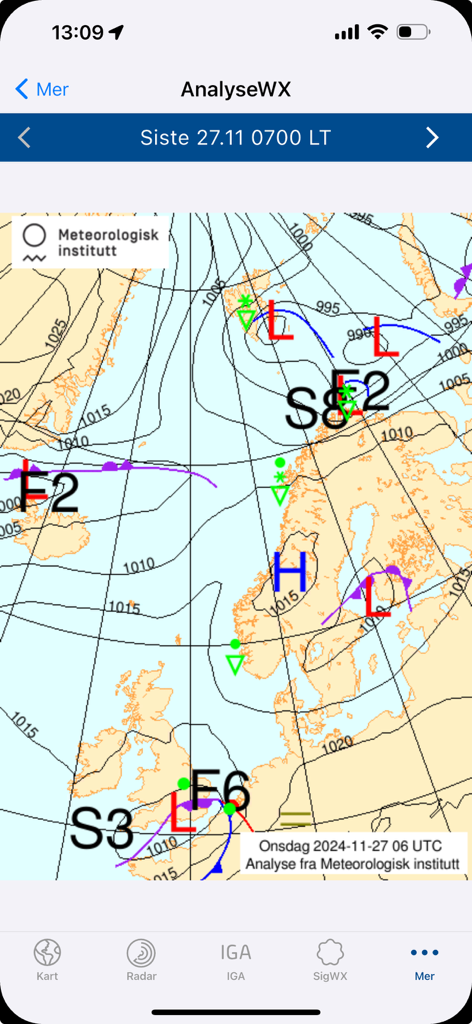 Professional meteorological analysis map with isobars and weather fronts for aviation planning