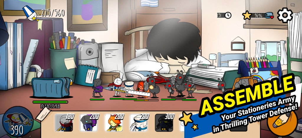 A tower defense battle where stationery heroes fight robotic ants on a desk