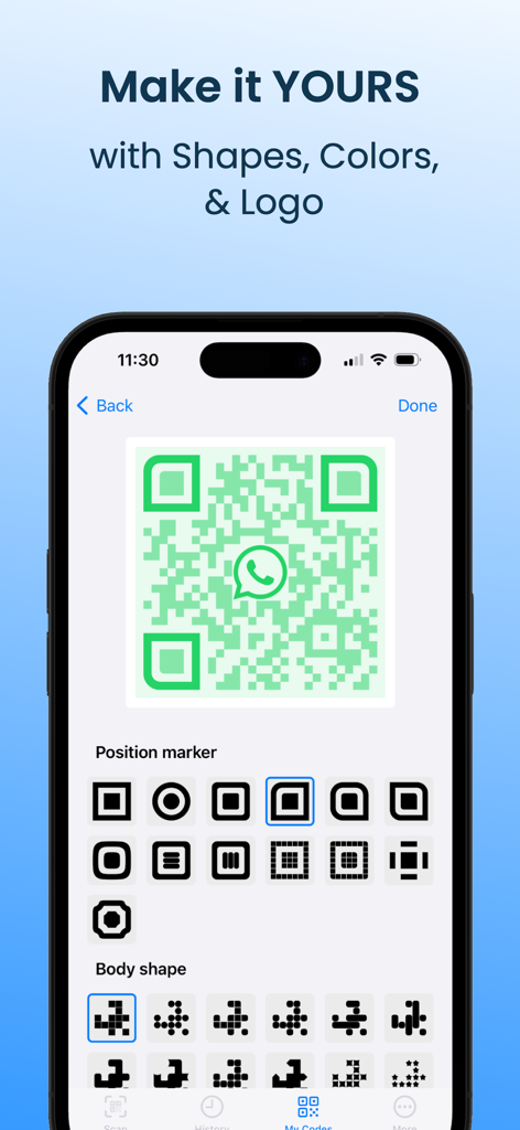 QR Maker & Scan: QR Code Suite - Mobile app interface showing customization options for a green QR code with a WhatsApp logo including shape and marker selections.