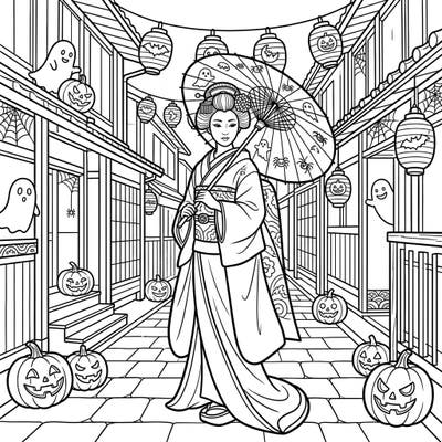 Step into a beautifully eerie world where traditional Japanese elegance meets Halloween fun. This unique coloring page features a graceful Geisha strolling through Gion, Kyoto, amidst festive pumpkins and friendly ghosts.
