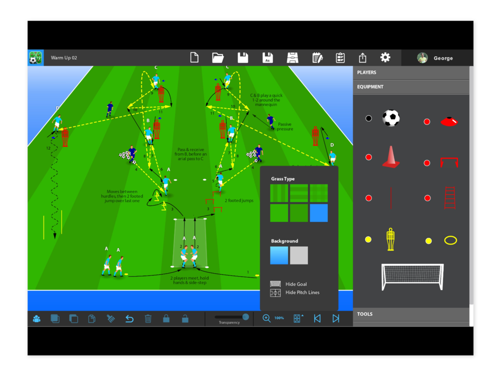 Um exercício de treino de futebol desenhado num campo 3D usando a interface da aplicação de treino Tactics Manager.