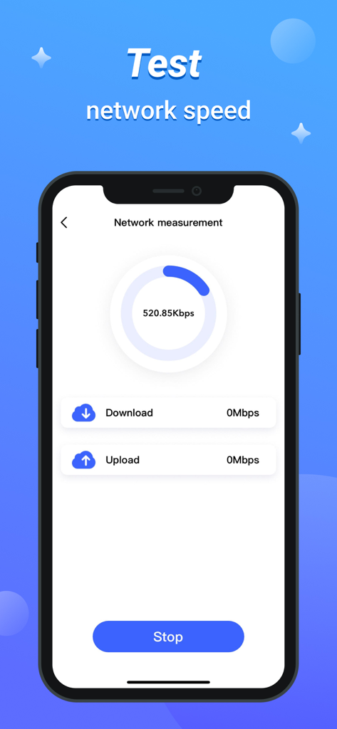 Interface of the Powerful Cleaner app showing a network speed test in progress on an iPhone.