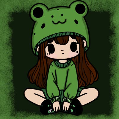 a girl wearing a frog hat and some frog socks