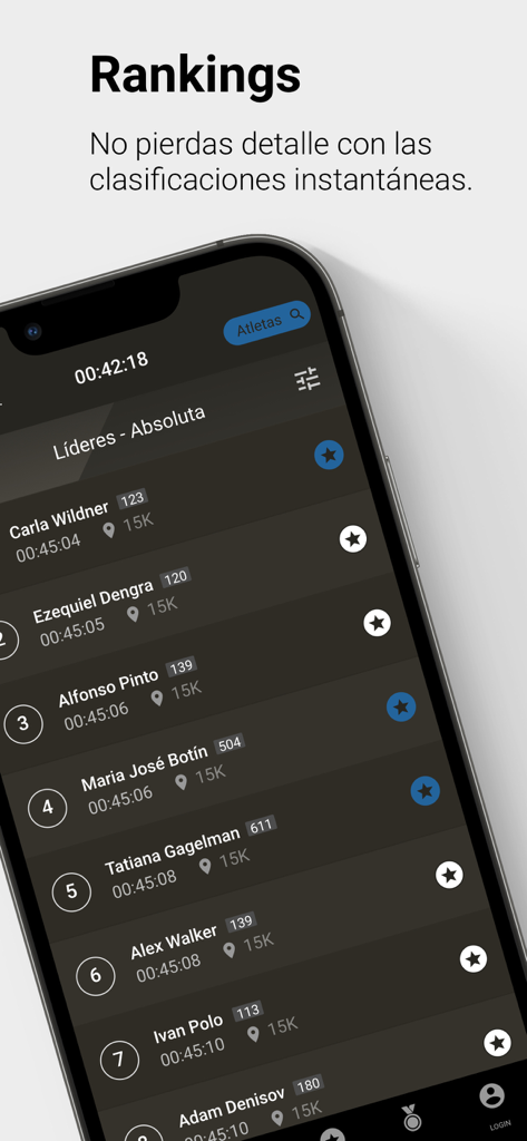 Media Maratón del Mar app interface showing real-time race rankings and runner split times
