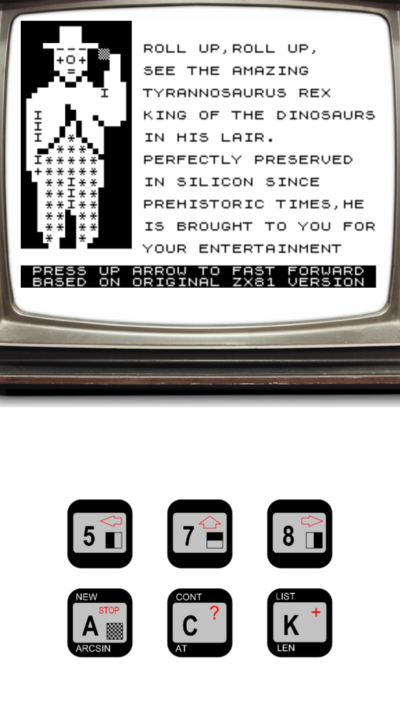 3D Monster Maze - Intro screen of 3D Monster Maze featuring retro ZX81 style graphics and a virtual keyboard