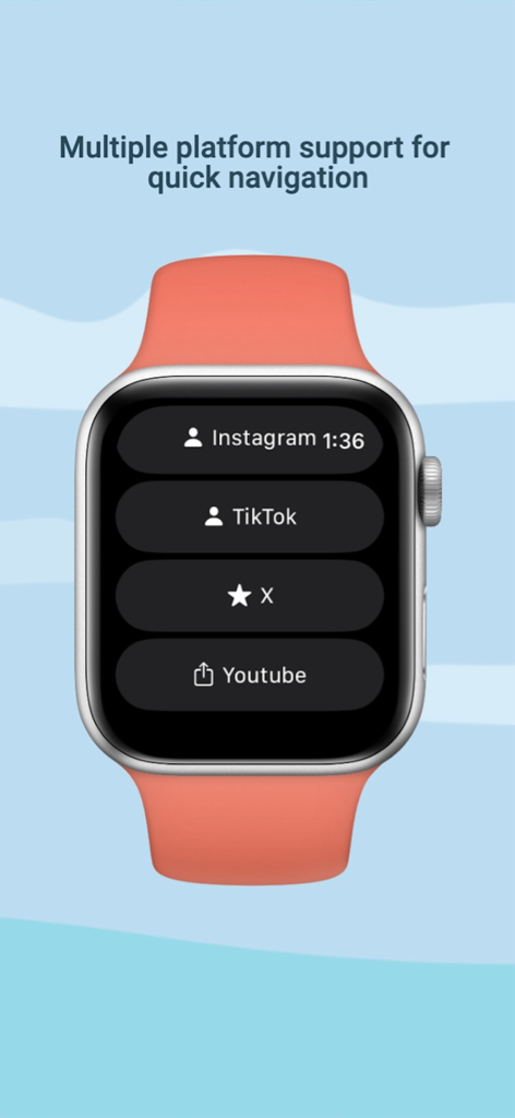Schermata Apple Watch con pulsanti di navigazione rapida per Instagram TikTok X e YouTube