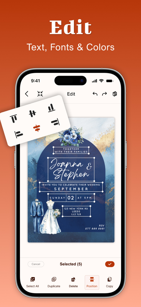 Invitation Maker-RSVP,Greeting - Pantalla de smartphone que muestra la interfaz de edición de una invitación de boda con opciones de personalización de texto y fuentes