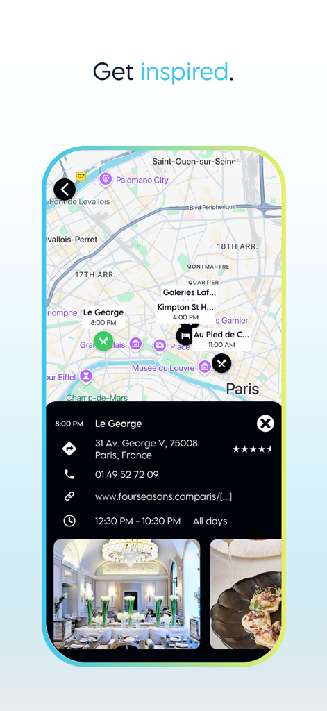 Plan WeGo - Travel Planner - Plan WeGo 모바일 앱 인터페이스는 위치 핀과 자세한 레스토랑 정보가 포함된 파리 지도를 보여줍니다.