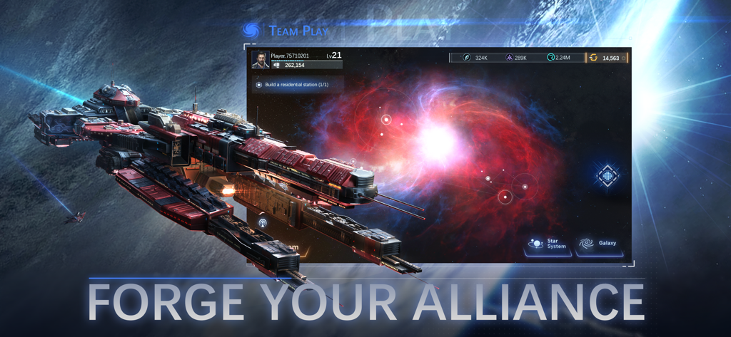 Una gran nave espacial modular roja en el espacio con el texto "Forja tu Alianza"