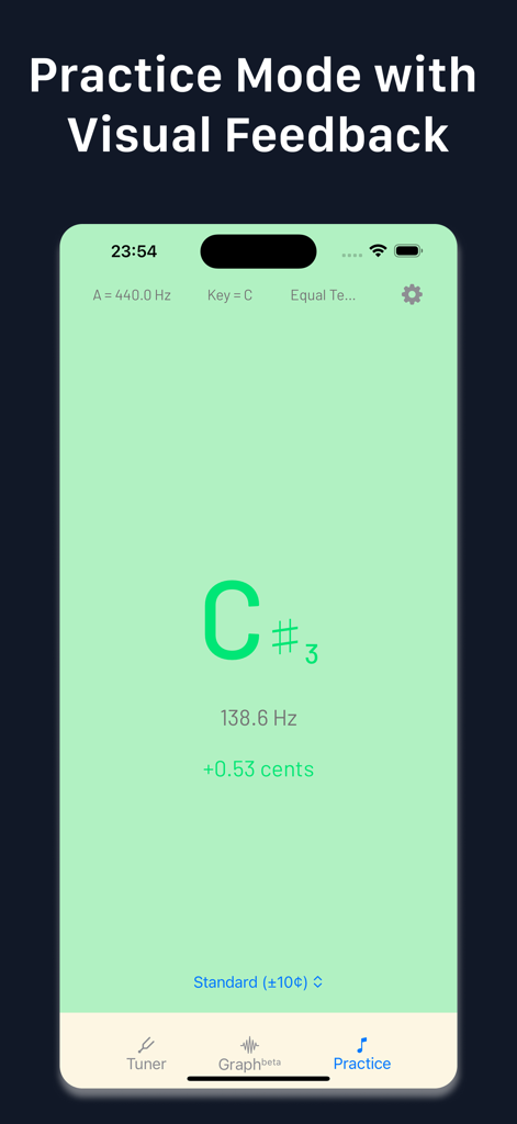 Pitch Perfect Tuner+Visualiser - Interfaz del modo de práctica de la aplicación Pitch Perfect Tuner con retroalimentación visual para la nota Do sostenido.