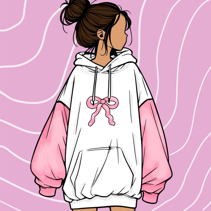 realistic girl with a oversized sweatshirt on and a bun