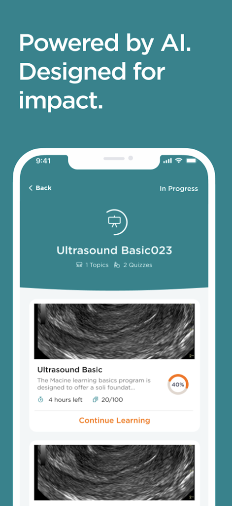 ScanHub by GUSI - ScanHub app screen showing an AI-powered ultrasound course with progress tracking