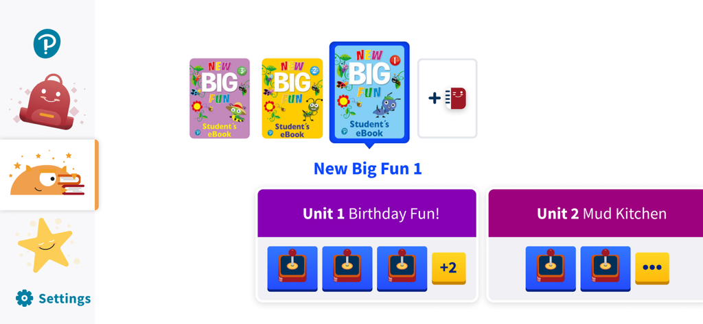 App Pearson English Portal che mostra livelli del curriculum New Big Fun e unità di lezione per bambini