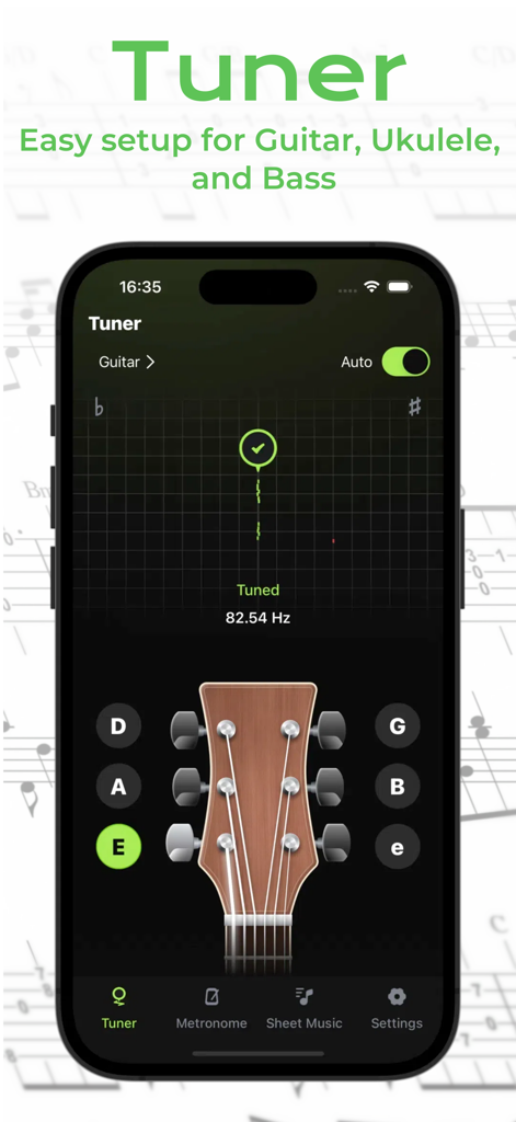 Interfaz de afinador digital en la aplicación Guitar Creator Pro mostrando la afinación para guitarra, ukelele y bajo