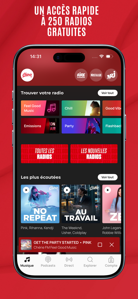 Chérie FM : Radios & Podcasts - 様々な音楽カテゴリとラジオ局を表示するCherie FMアプリのインターフェース。