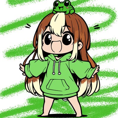 a excited chibi girl whith long hair and a baggy shirt whith a frog on there head