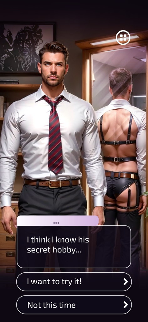 A man in a shirt and tie with a provocative mirror reflection and story choices in Novelize.