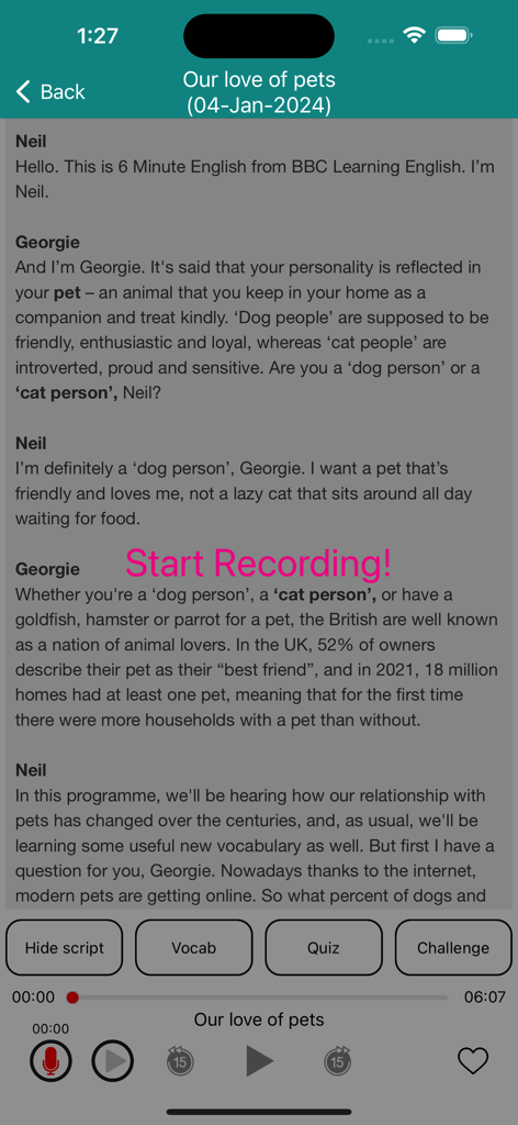 6 Minute English (+Worksheets) - Interface of the 6 Minute English app showing a lesson transcript about pets with playback and recording controls.
