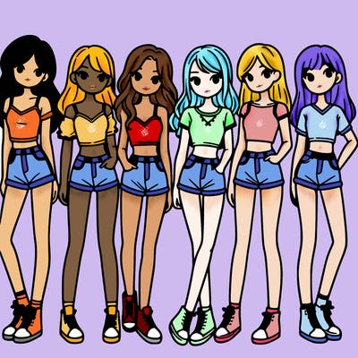 a group of girls wearing crop tops and shorts