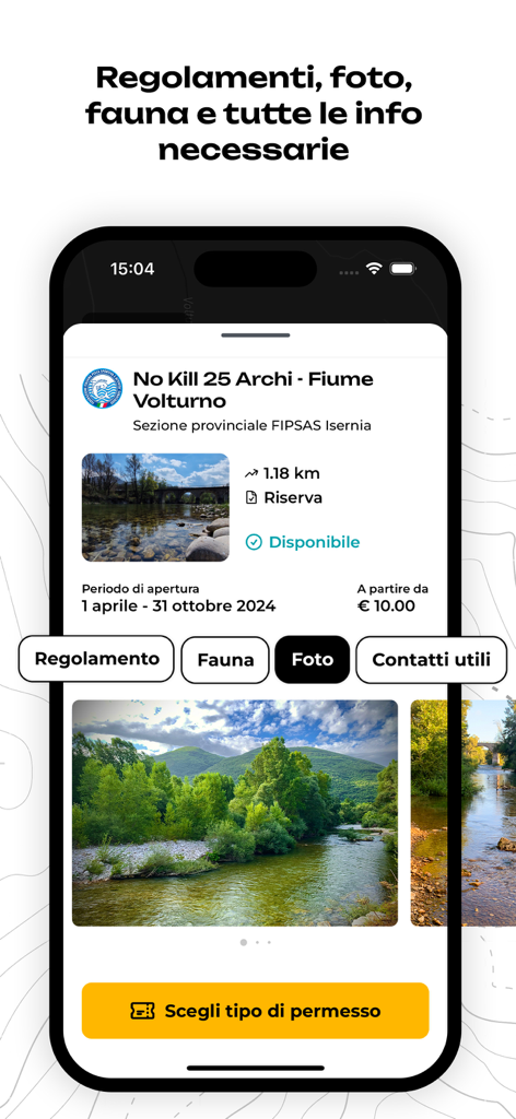 SpotFish - Fishing Spots - SpotFish mobile app interface showing a detailed fishing spot page with river photos and permit options