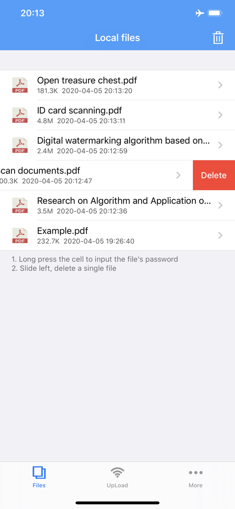 PDF Reader - Docs Viewer - A list of locally stored PDF documents within the PDF Reader app showing a swipe to delete action.