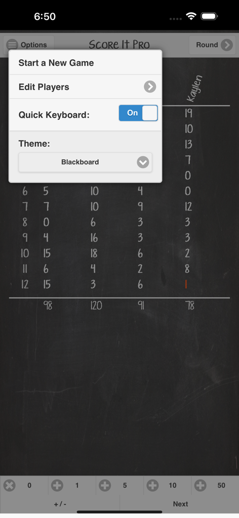 Options menu overlay on a blackboard theme scorekeeper in the Score It Pro app