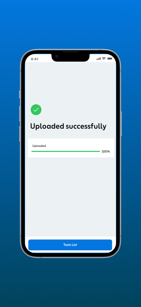 QQ (Quality Questions) - Mobile screen showing successful test upload in the QQ app