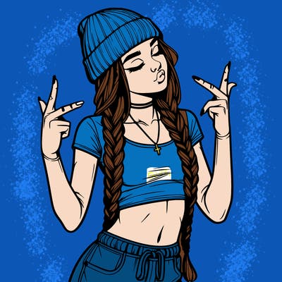 realistic teenage girl with braids and a beanie and crop top doing 🫶🏼