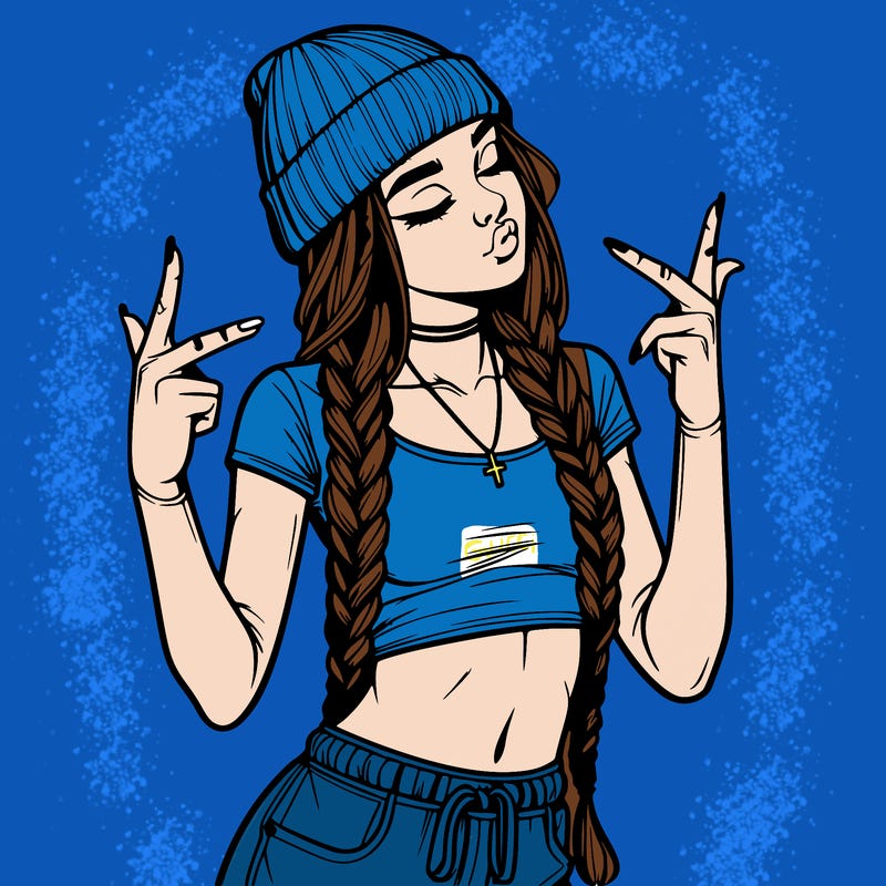 realistic teenage girl with braids and a beanie and crop top doing 🫶🏼