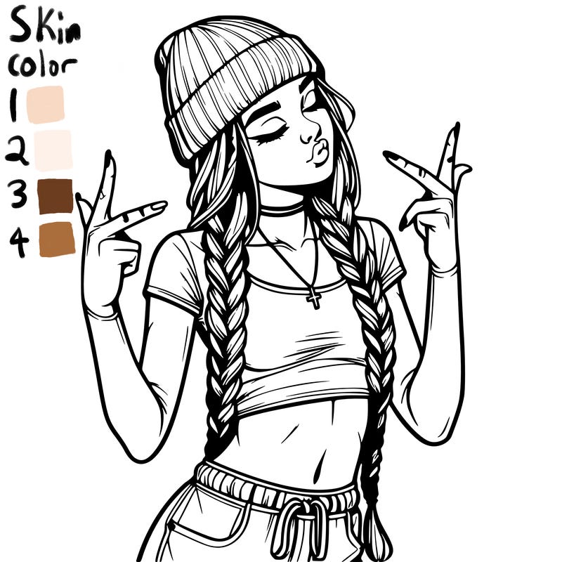 realistic teenage girl with braids and a beanie and crop top doing 🫶🏼