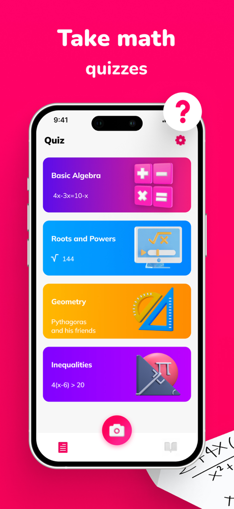 Math Solver: Solve by Camera - Smartphone screen showing various math quiz categories including Basic Algebra, Roots and Powers, Geometry and Inequalities