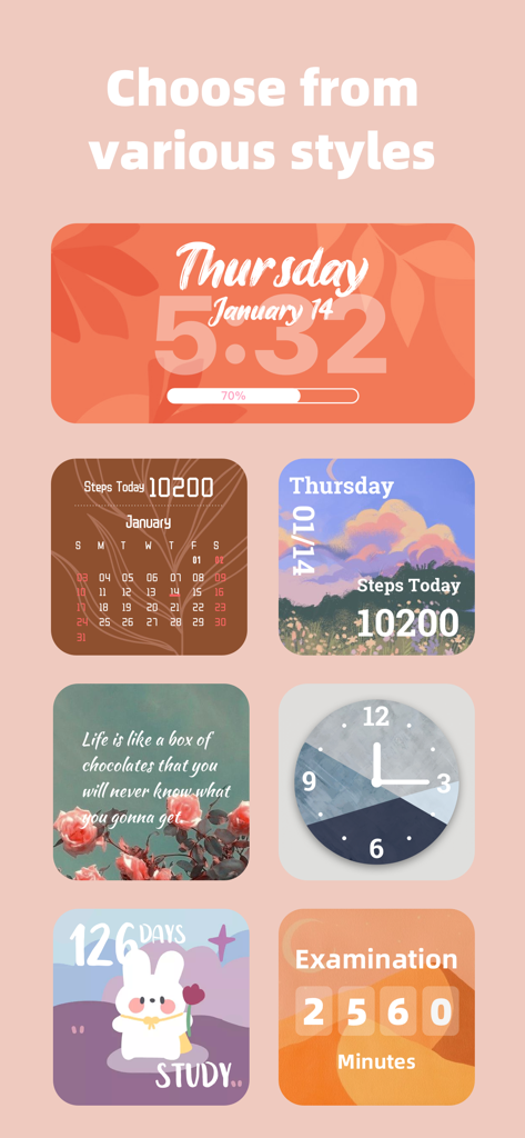 A collection of aesthetic iOS widgets including clocks, calendars, step counters, and countdowns.
