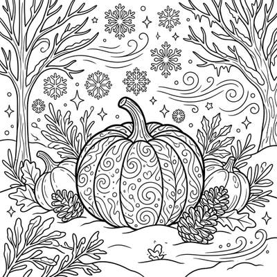 Dive into the festive spirit with this charming coloring page featuring ornamental gourds amidst a serene winter wonderland. Designed for kids aged 4-8, it offers a delightful creative escape with recognizable shapes and balanced details.