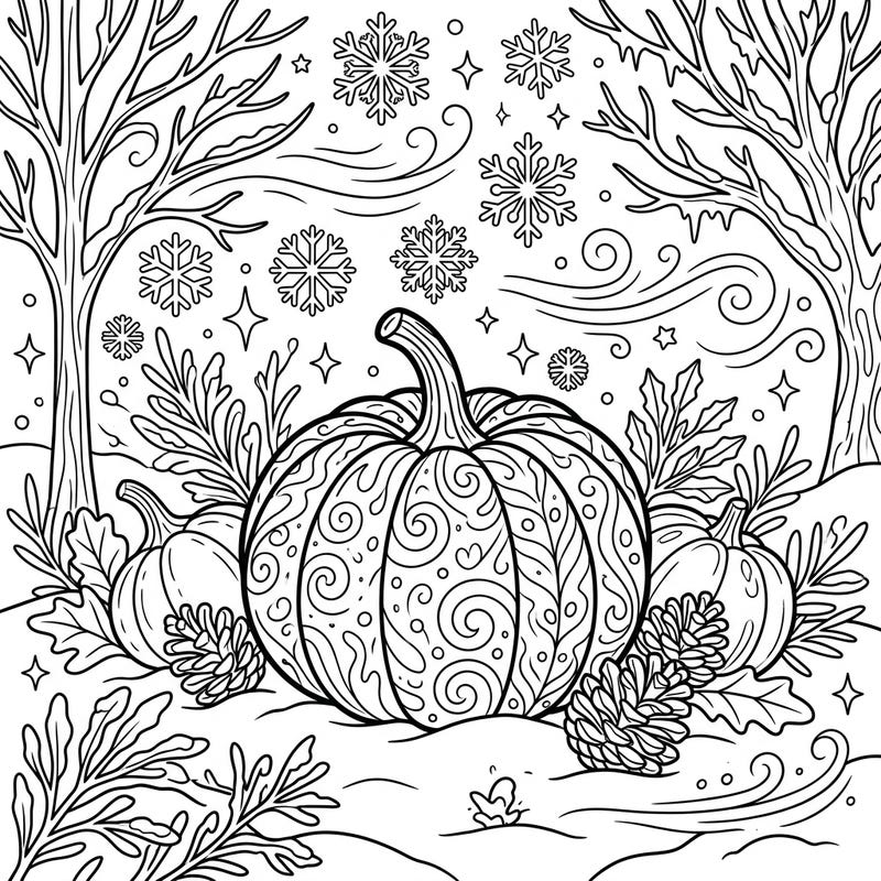 Dive into the festive spirit with this charming coloring page featuring ornamental gourds amidst a serene winter wonderland. Designed for kids aged 4-8, it offers a delightful creative escape with recognizable shapes and balanced details.