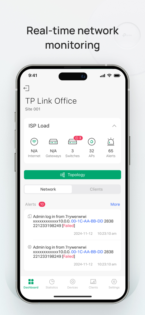 Smartphone-Bildschirm zeigt das TP-Link Omada-App-Dashboard mit Echtzeit-Netzwerkzustandsmetriken und Sicherheitswarnungen