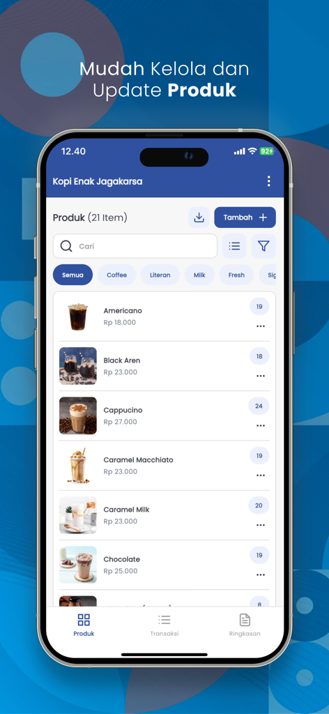 FibrPOS - Aplikasi Kasir Plus - FibrPOS mobile app interface showing a list of coffee products with prices and inventory levels for a small business.