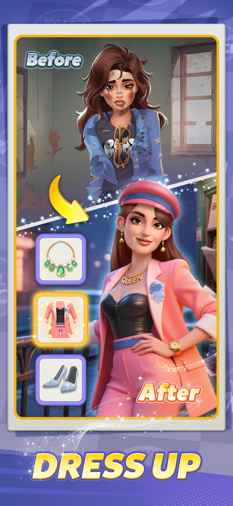 Yalla Match - Vogue Star - Transformation d'un personnage avant et après un relooking dans Yalla Match Vogue Star