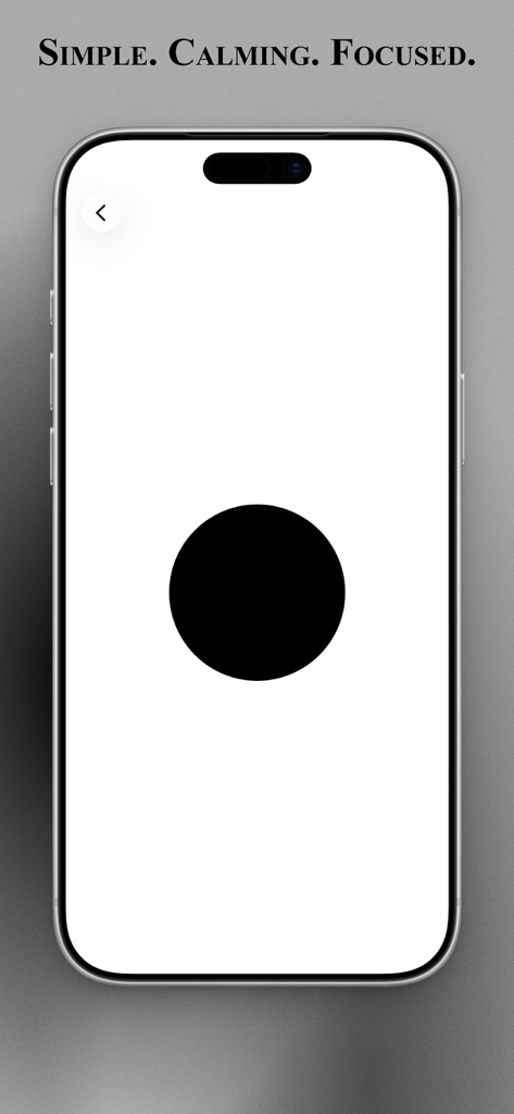 SenseSoothe - Minimalist user interface of the SenseSoothe app featuring a large black circle on a white screen with the text Simple Calming Focused.