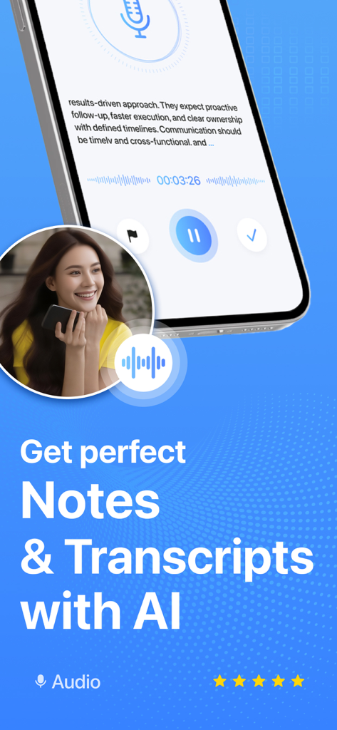 Notes - AI Note Taker - A promotional image of the Notes AI Note Taker app showing a live audio transcription interface and marketing text
