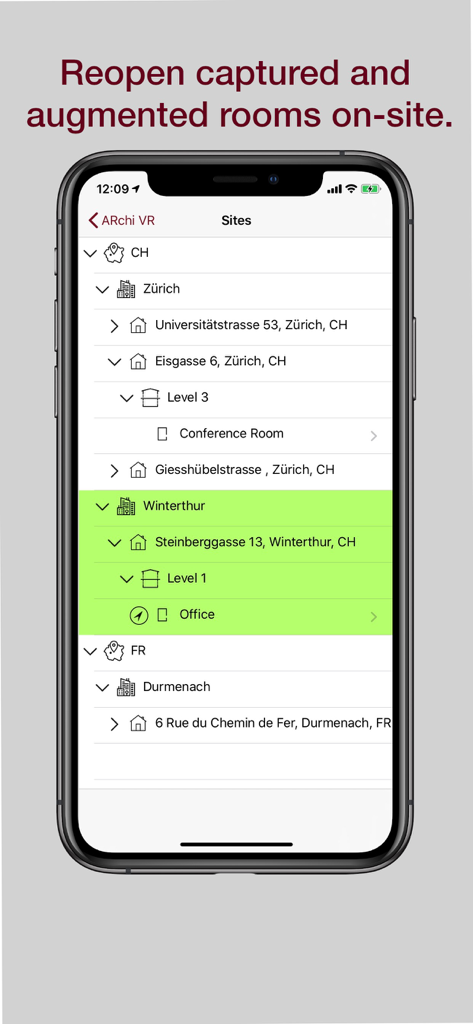 ARchi VR - Create & Browse AR - Interface of ARchi VR app showing a hierarchical list of captured rooms and sites by location